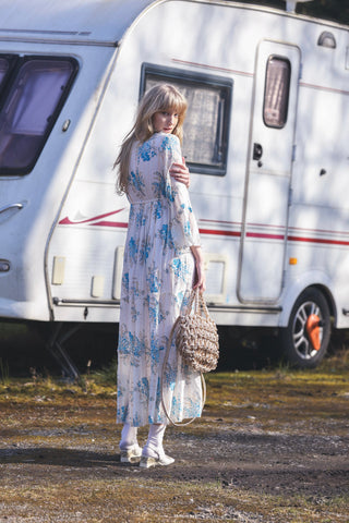 Flower Cluster Print Gold Stripes Dress