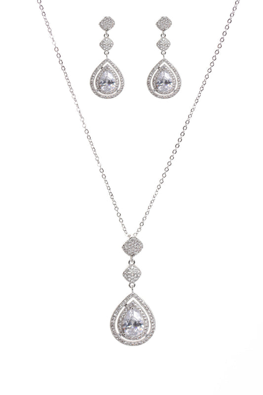 Tear Drop Cubic Zirconia Necklace & Earring Sets in Silver