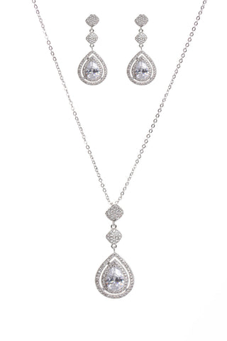 Tear Drop Cubic Zirconia Necklace & Earring Sets in Silver