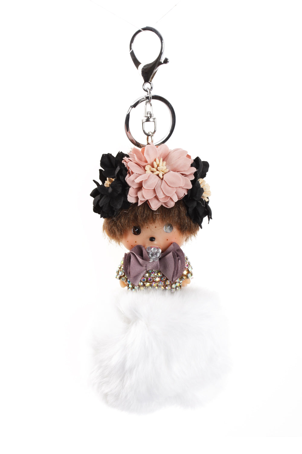 Monchichi Crystal Doll Rhinestones Pom Pom Keychain Diamante Keyring