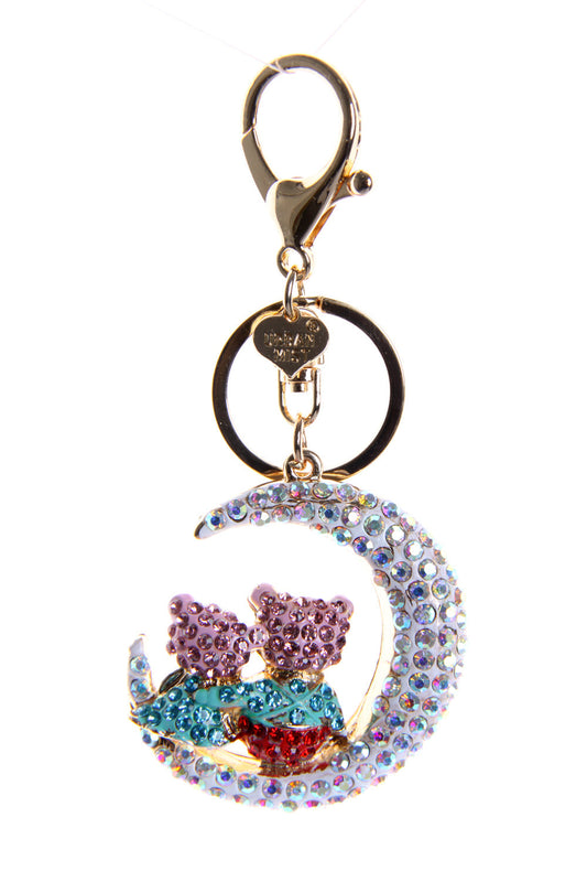 Crescent Moon Bear Diamante Bag Charm Keyring