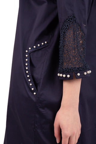 Pearl Rhinestone Trim Lace Insert Shirt Dress