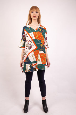 V Neck Chiffon Floral and Chain Contrast Print Top