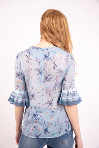 Powder Blue Floral Print Chiffon Floaty Sleeve Top