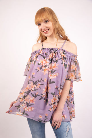 Purple Floral Print Chiffon Cami Cold Shoulder Top