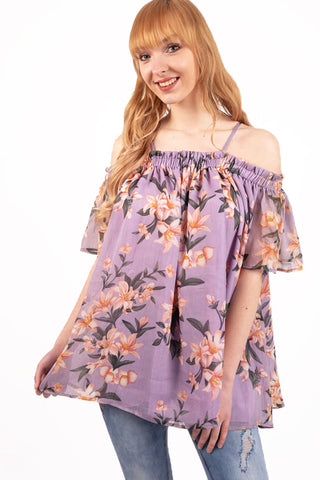 Purple Floral Print Chiffon Cami Cold Shoulder Top