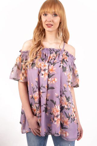Purple Floral Print Chiffon Cami Cold Shoulder Top