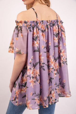 Purple Floral Print Chiffon Cami Cold Shoulder Top