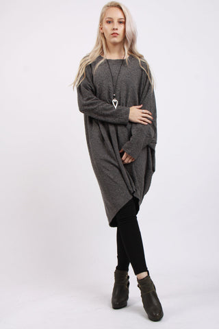 Oversized Textured Hi Low Batwing Top in Grey