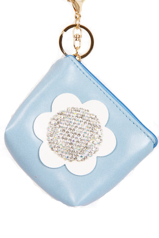Leather Look Flower Diamante Zip Purse Bag Charm Keyring