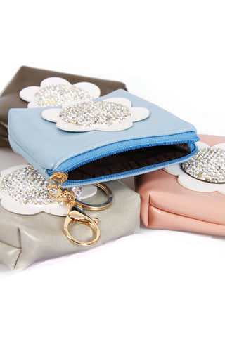 Leather Look Flower Diamante Zip Purse Bag Charm Keyring