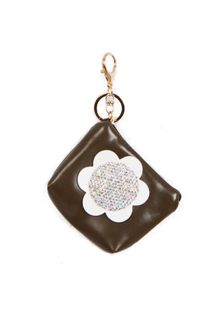 Leather Look Flower Diamante Zip Purse Bag Charm Keyring