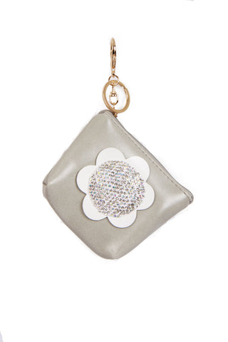 Leather Look Flower Diamante Zip Purse Bag Charm Keyring