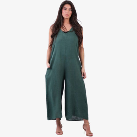 Italian Plain Sleeveless Linen Lagenlook Wide Leg Dungaree