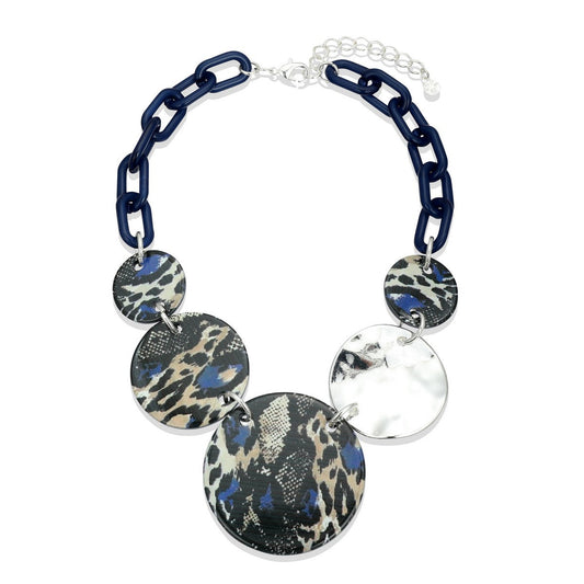 Blue Patterned Beaded Statement Fashion Necklace