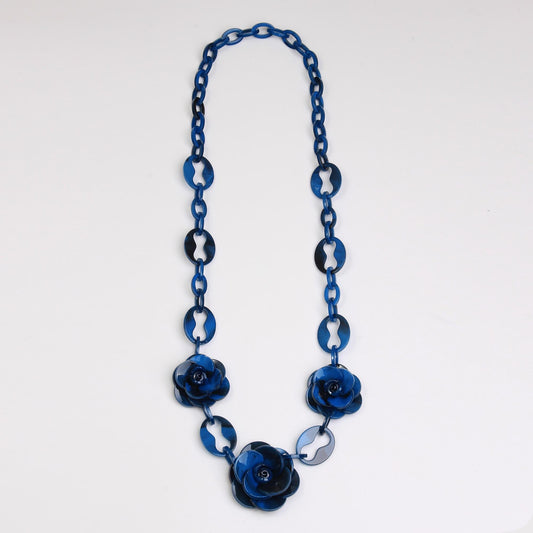 Blue Poured Glass Rhinestone Flower Necklace