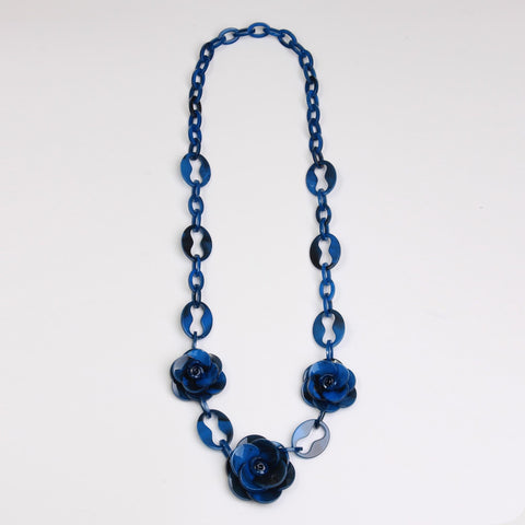 Blue Poured Glass Rhinestone Flower Necklace