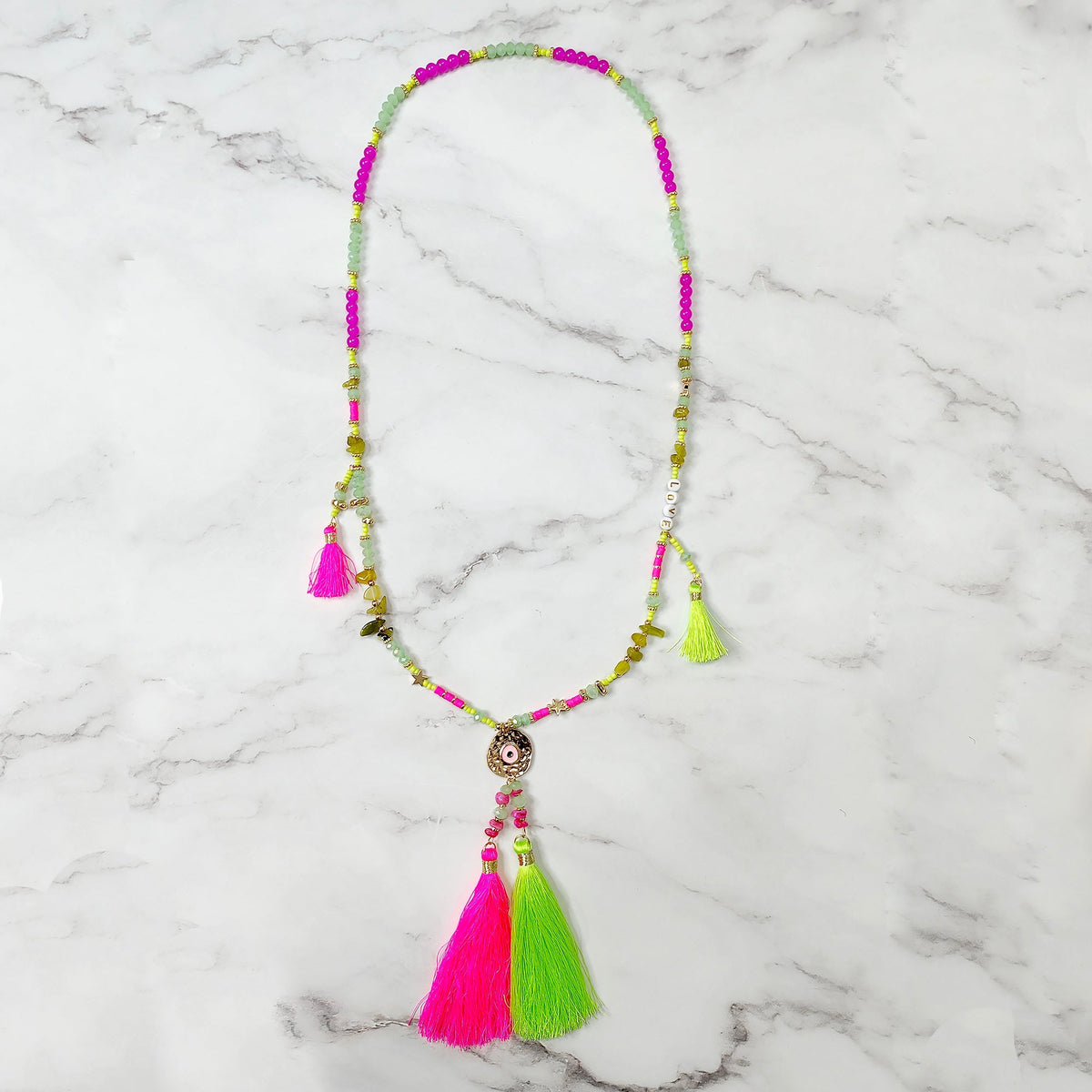 Pink & Green  Beaded Tassel Necklace