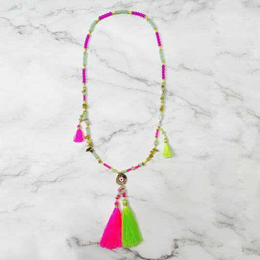 Pink & Green  Beaded Tassel Necklace