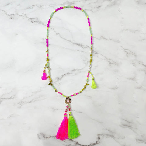 Pink & Green  Beaded Tassel Necklace