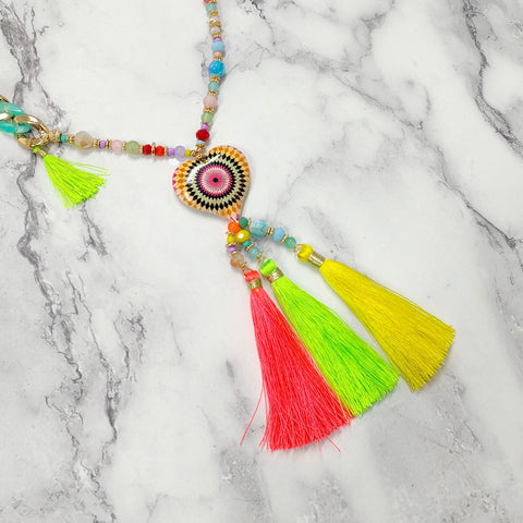 Triple Tassels Neon Beads Long Necklace