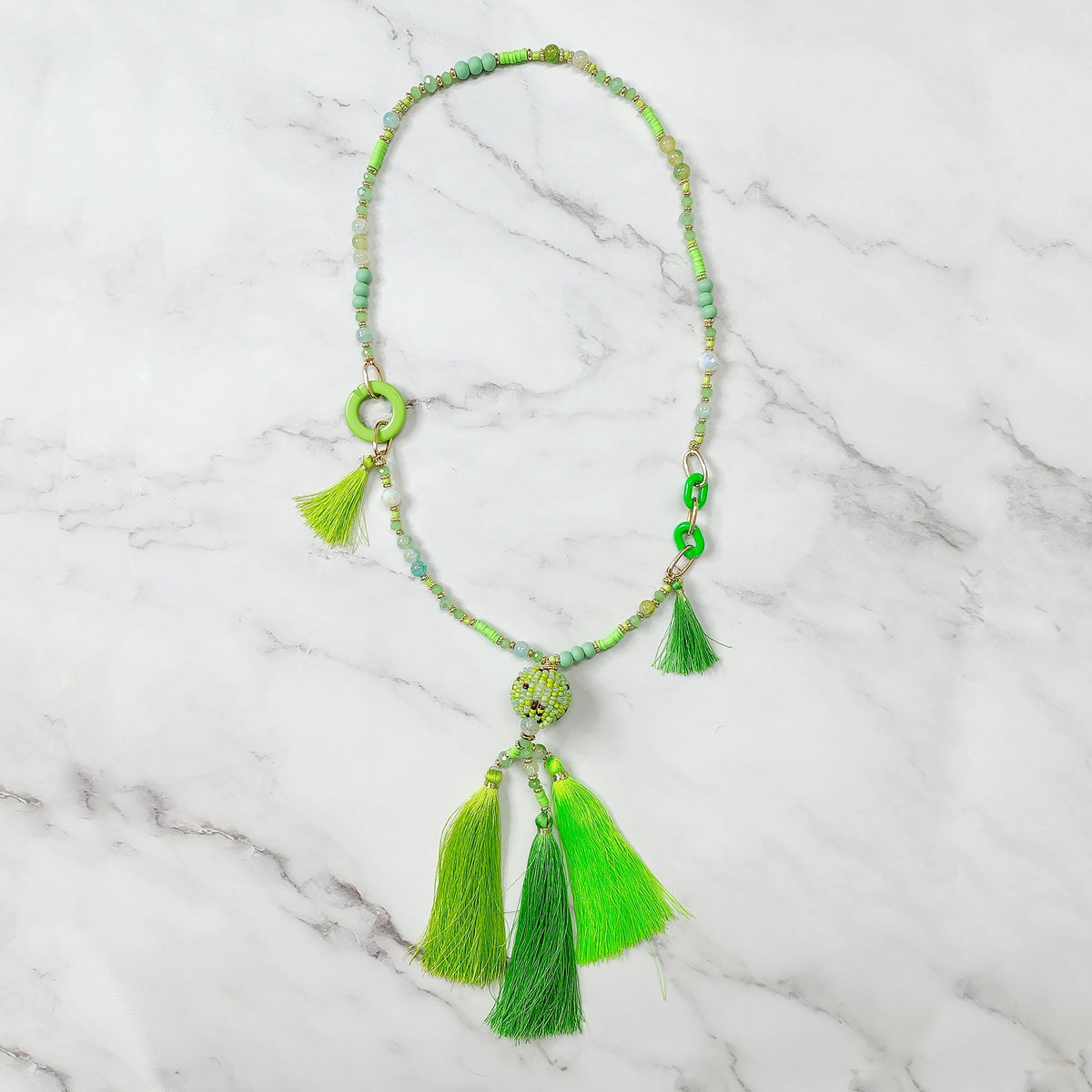 Green  Link Beaded Tassel Necklace