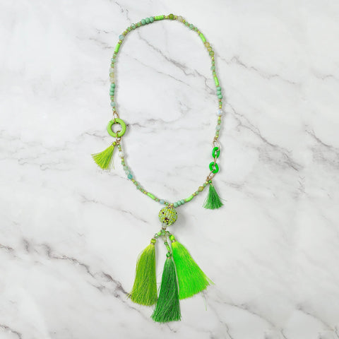 Green  Link Beaded Tassel Necklace