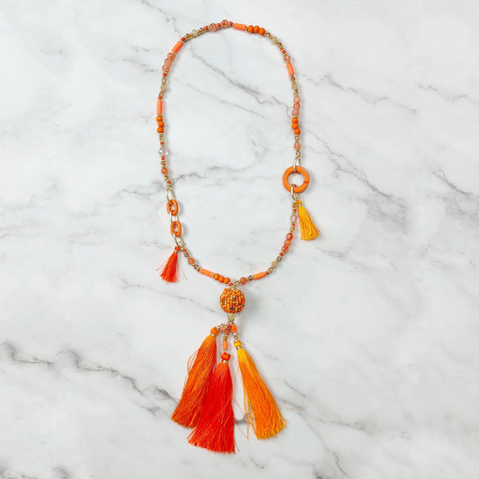 Orange Link Beaded Tassel Necklace