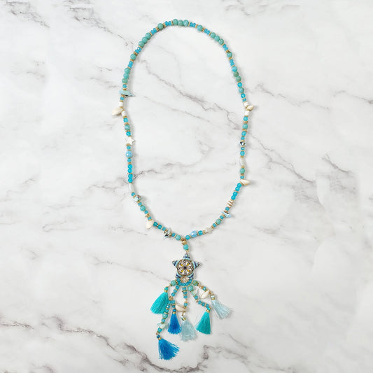 Blue Link Beaded Star Design Tassel Necklace