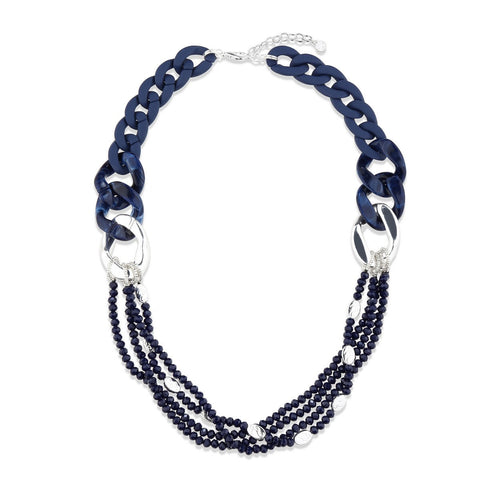Navy Chain Link Beaded Long Necklace