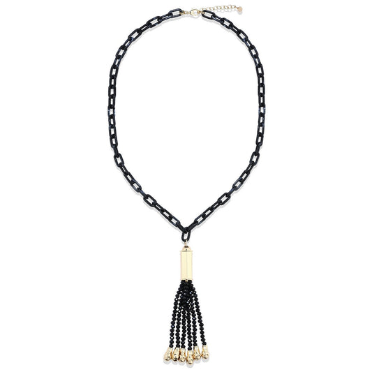 Chain Link Long Necklace with Beaded Tassel - Black