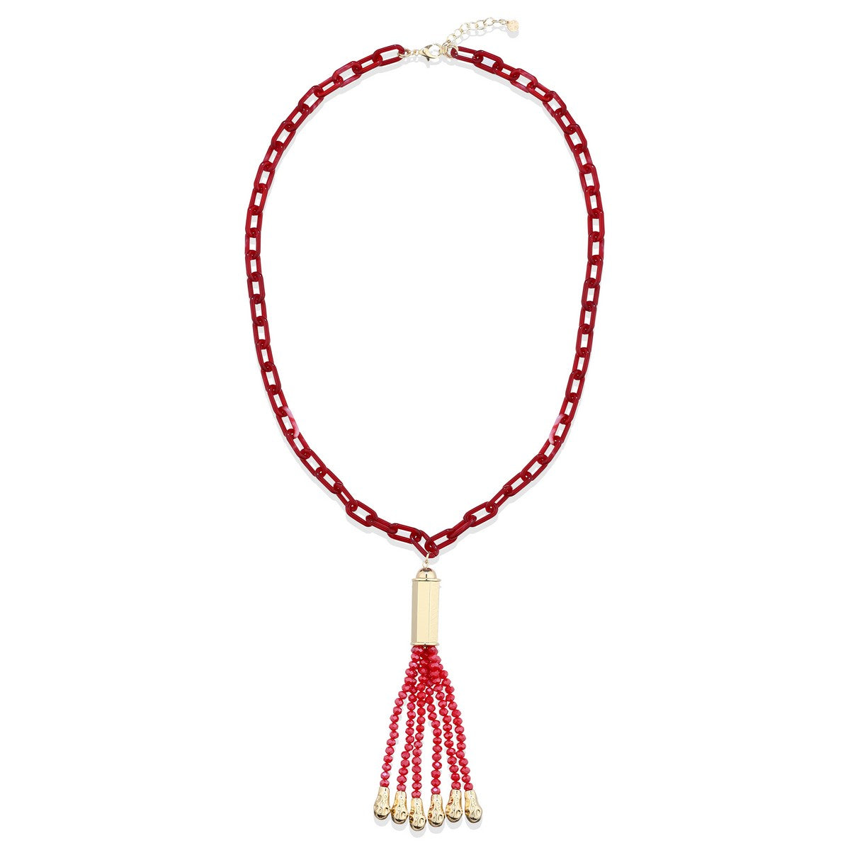 Chain Link Long Necklace with Beaded Tassel - Red