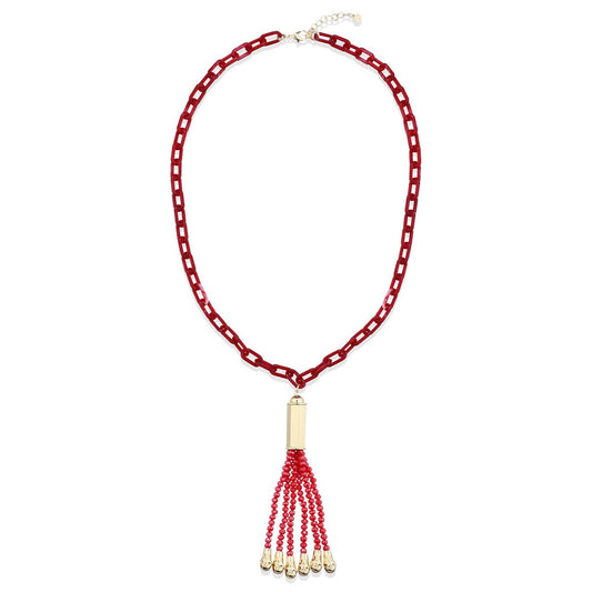 Chain Link Long Necklace with Beaded Tassel - Red
