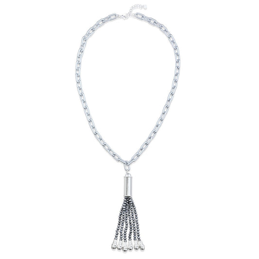Chain Link Long Necklace with Beaded Tassel - Silver
