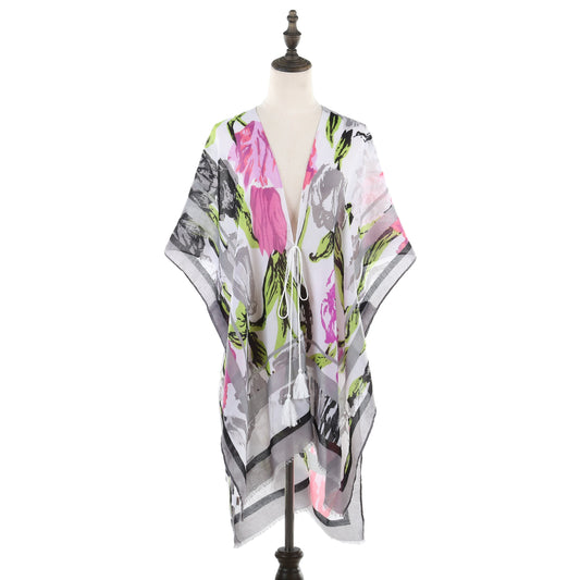 Floral Design Kimono with Border - Black