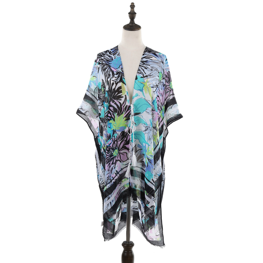Tropical Leaf Design Kimono - Black