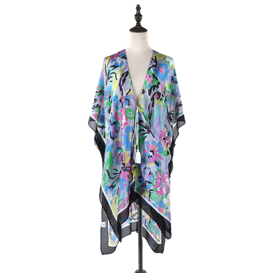 Abstract Floral Pattern Silk Kimono - Black