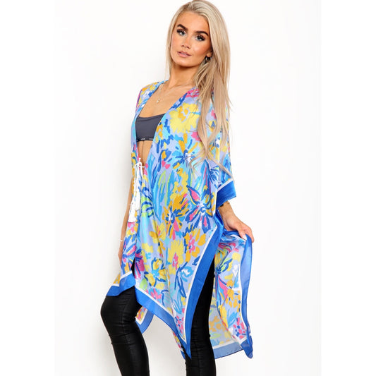 Abstract Floral Pattern Silk Kimono - Blue