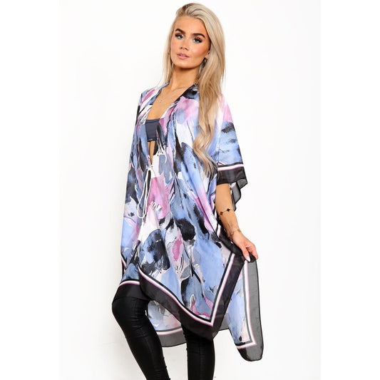 Watercolour Floral Kimono with Border - Black