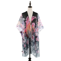Summer Kimono with Pink Flowers - Black