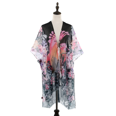 Summer Kimono with Pink Flowers - Black