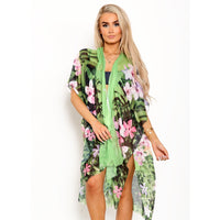 Summer Kimono with Pink Flowers - Green