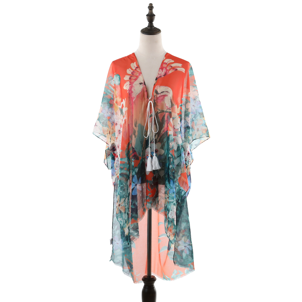 Summer Kimono with Pink Flowers - Orange
