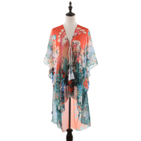 Summer Kimono with Pink Flowers - Orange