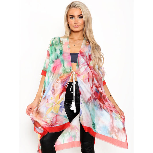 Tie-Dye Look Floral Kimono - Red