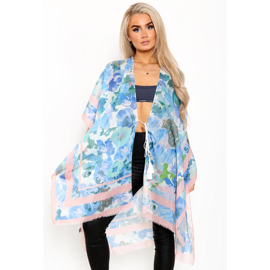 Bright Floral Print Kimono with Border - Blue