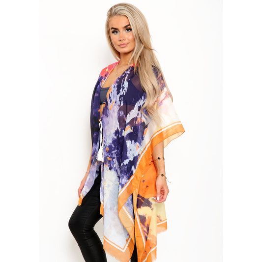 Multicolour Kimono with Border - Blue
