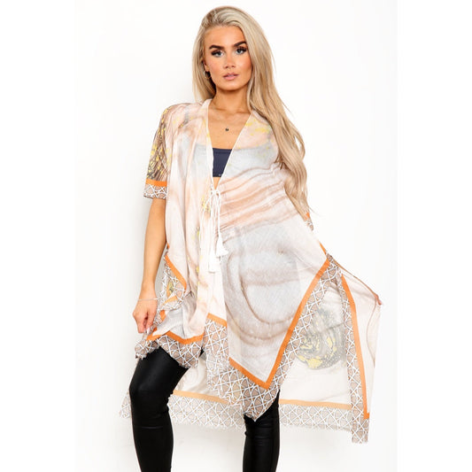Patterned Border Silk Kimono - Beige