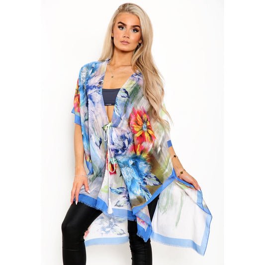 Large Bright Floral Print Kimono - Blue