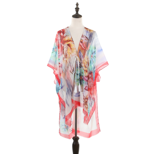 Large Bright Floral Print Kimono - Red